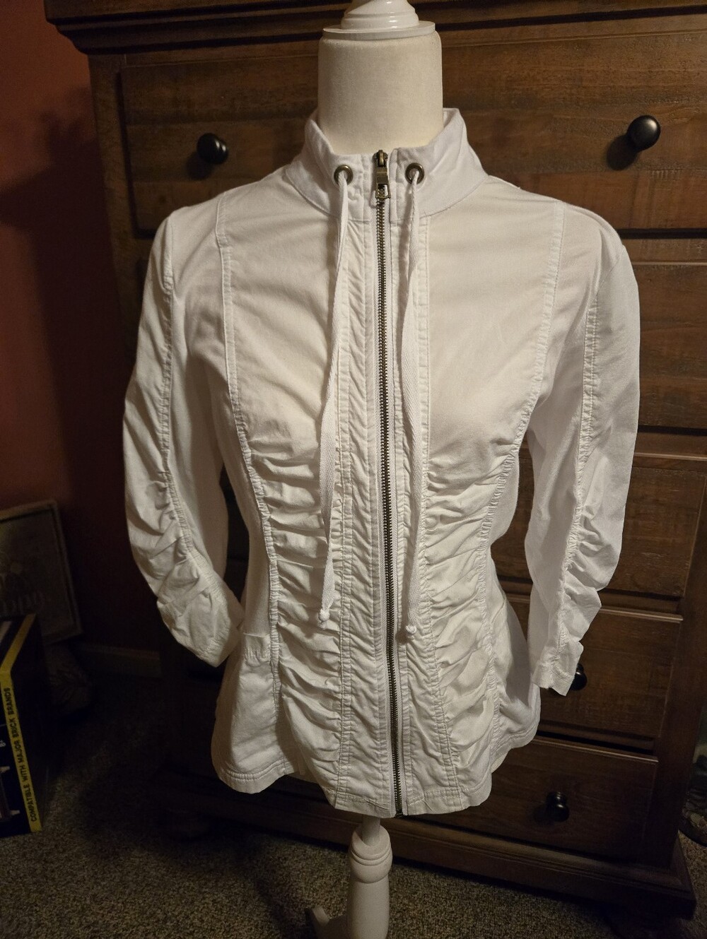 Mind Set By XCVI White Ruched Zip Up Jacket Size L